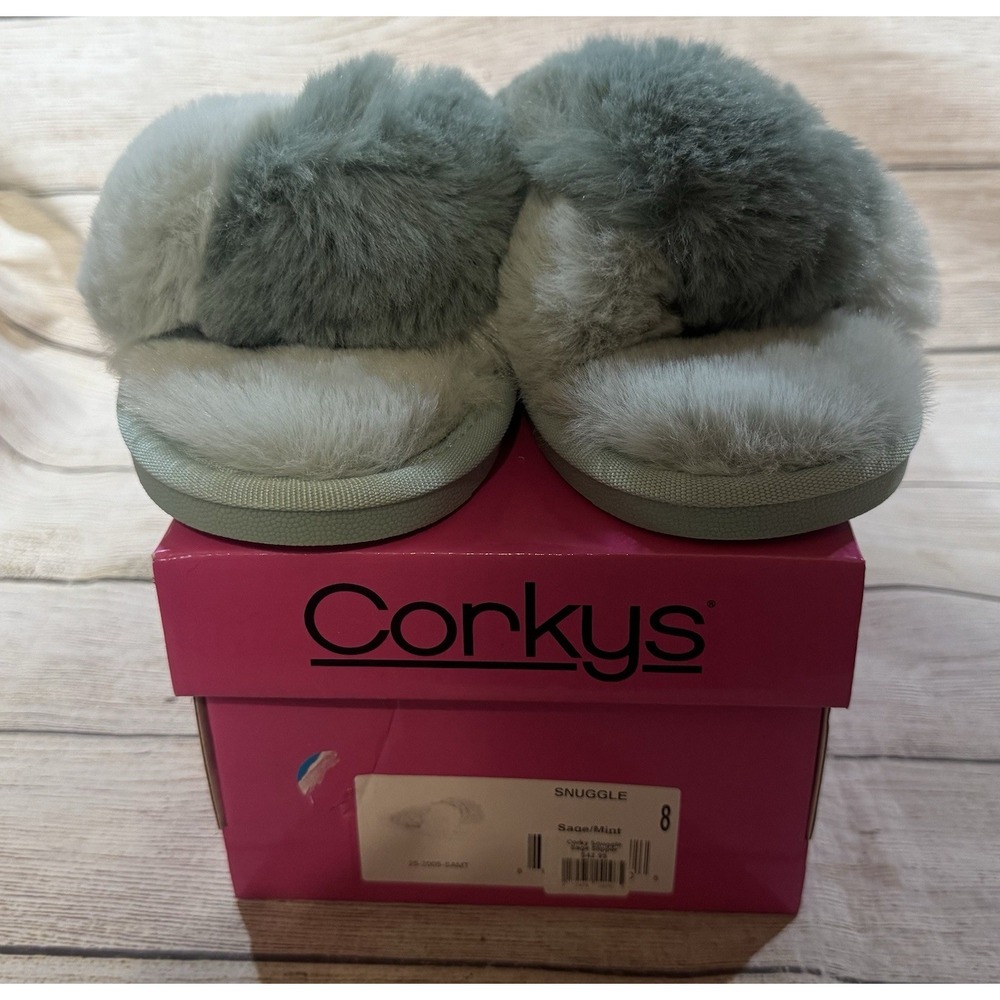 NEW Corkys Snuggle Sage Mint Sandals Slippers Slides Fuzzy Shoes Sz 8 NIB - Picture 2 of 7